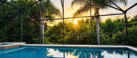 A swimming pool with a glass enclosure, surrounded by lush greenery and palm trees, with a sunset in the background.