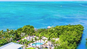 Un resort con piscina, palmeras y vista al océano.