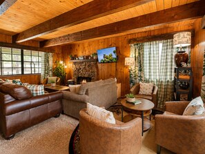 Ein gemütliches Wohnzimmer mit Kamin, Ledersofas, Fernseher und Bücherregal.