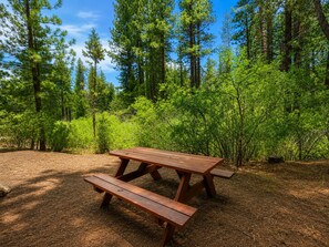 A picnic table in a forested area with trees and underbrush. - Seasonal Creek Lodge - Cozy Forest Cabin w/ Hot Tub + Seasonal Creek (Big Bear City)