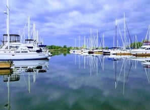 A marina with multiple sailboats docked, calm water, and a clear sky.