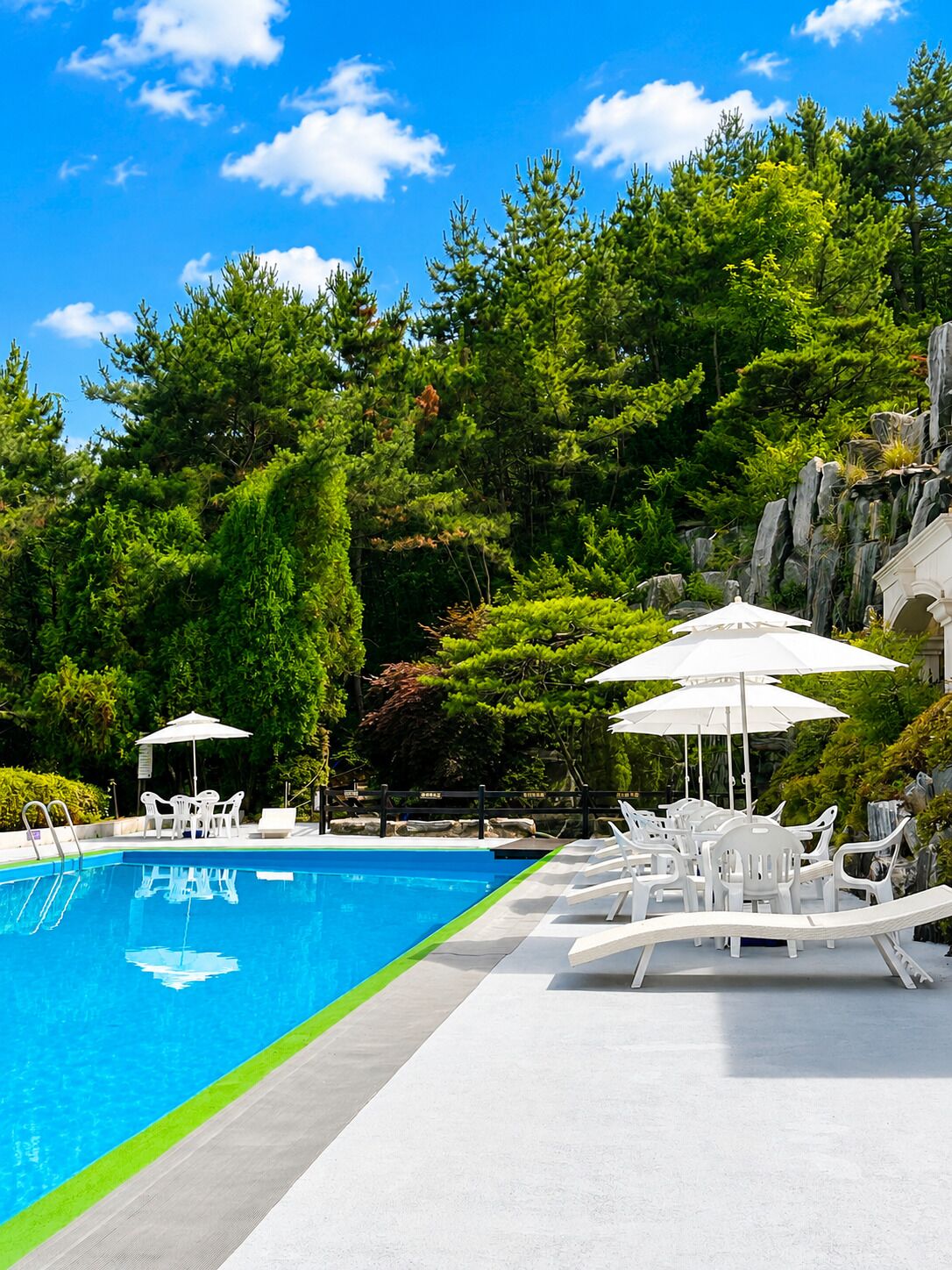 A swimming pool with lounge chairs and umbrellas, surrounded by trees and a rocky landscape.
