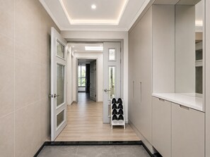 A hallway with a shoe rack, a door leading to another room, and a cabinet.