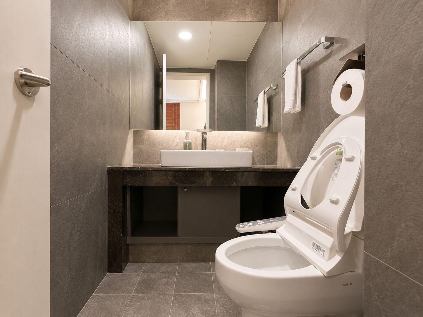 A modern bathroom with a toilet, sink, and mirror.