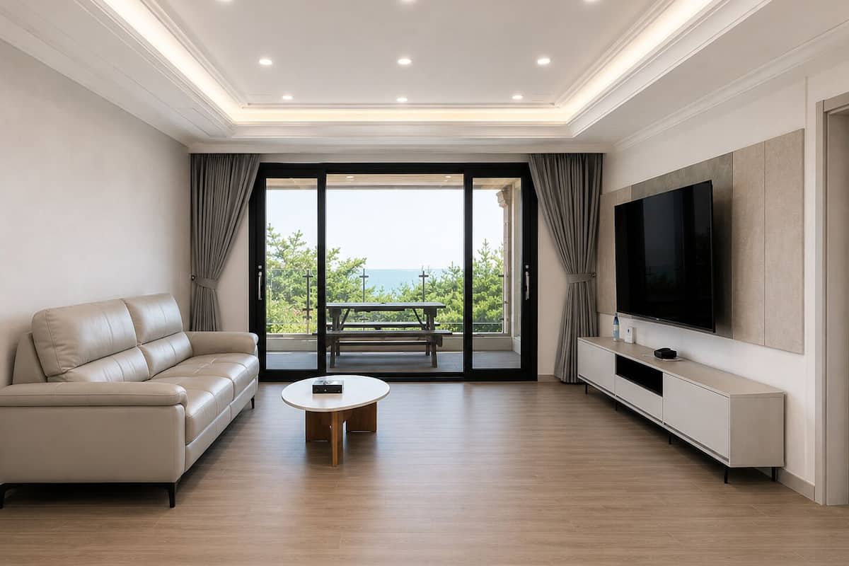 Moderni olohuone, jossa on sohva, sohvapöytä, televisio ja parveke, jolta on näkymä.