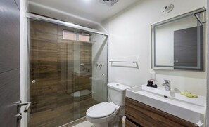 A modern bathroom with a glass shower enclosure, a white toilet, and a vanity with a mirror. - Bluu lagoon and beach (Mazatlán)