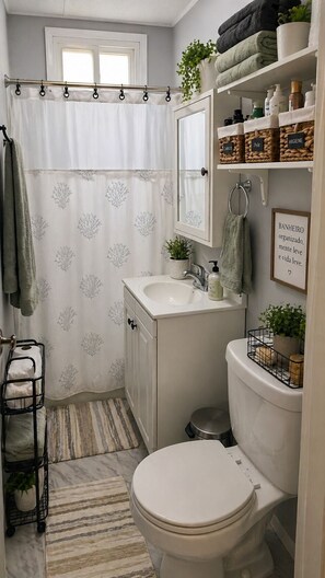 Hair dryer, towels, soap, toilet paper