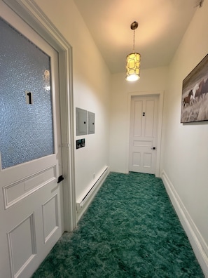 A hallway with a green carpet, white walls, a door with a number, and a light fixture.