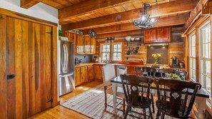 Fridge, microwave, oven, stovetop - Lost & Found Log Cabin | Private Hot Tub Retreat in Brown County (Morgantown)