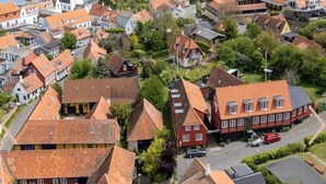 Un quartiere residenziale con case caratterizzate da tetti in tegole rosse e un mix di stili architettonici.