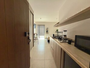 Eine moderne Küche mit Holztür, einer Arbeitsplatte mit Mixer, Fernseher und Pflanze.
