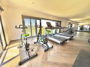 Ein Fitnessraum mit Trainingsgeräten, großen Fenstern und Holzboden.