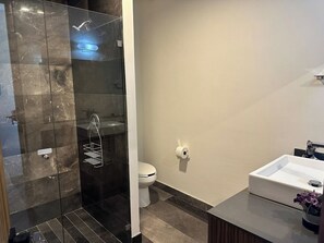 Une salle de bain moderne avec une douche à parois de verre, des toilettes blanches et un lavabo agrémenté d’un vase à fleurs.