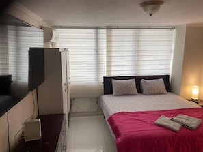 Une chambre à coucher avec un lit, une télévision, un bureau et une fenêtre avec des stores.