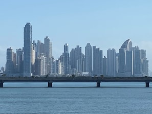 Horizontale Stadtsilhouette mit Wolkenkratzern, einer Brücke und ruhigem Wasser.
