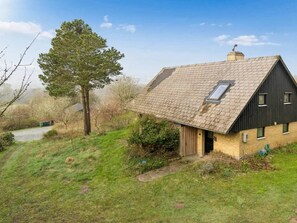 A house with a sloped roof, a chimney, and a small attached structure.