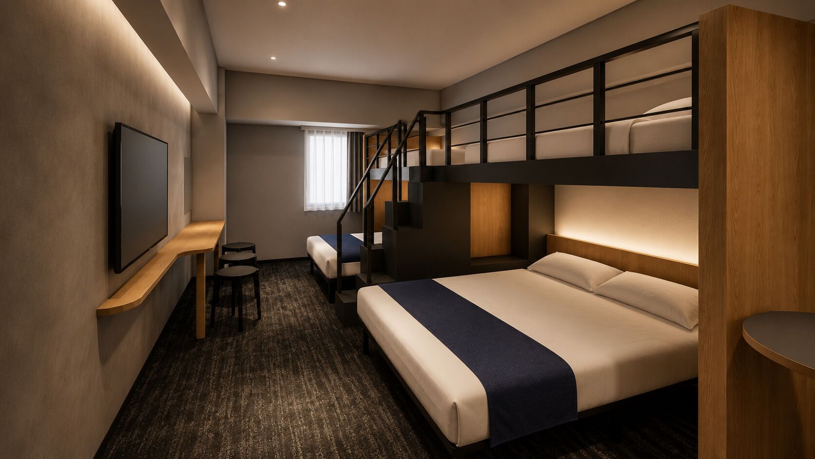A hotel room with a bunk bed, a desk with a chair, a TV, and a staircase.