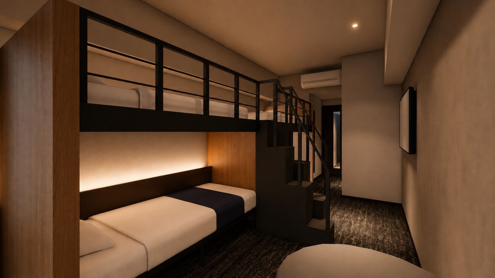 A modern hotel room with a bunk bed, a sofa, a staircase, and an air conditioning unit.