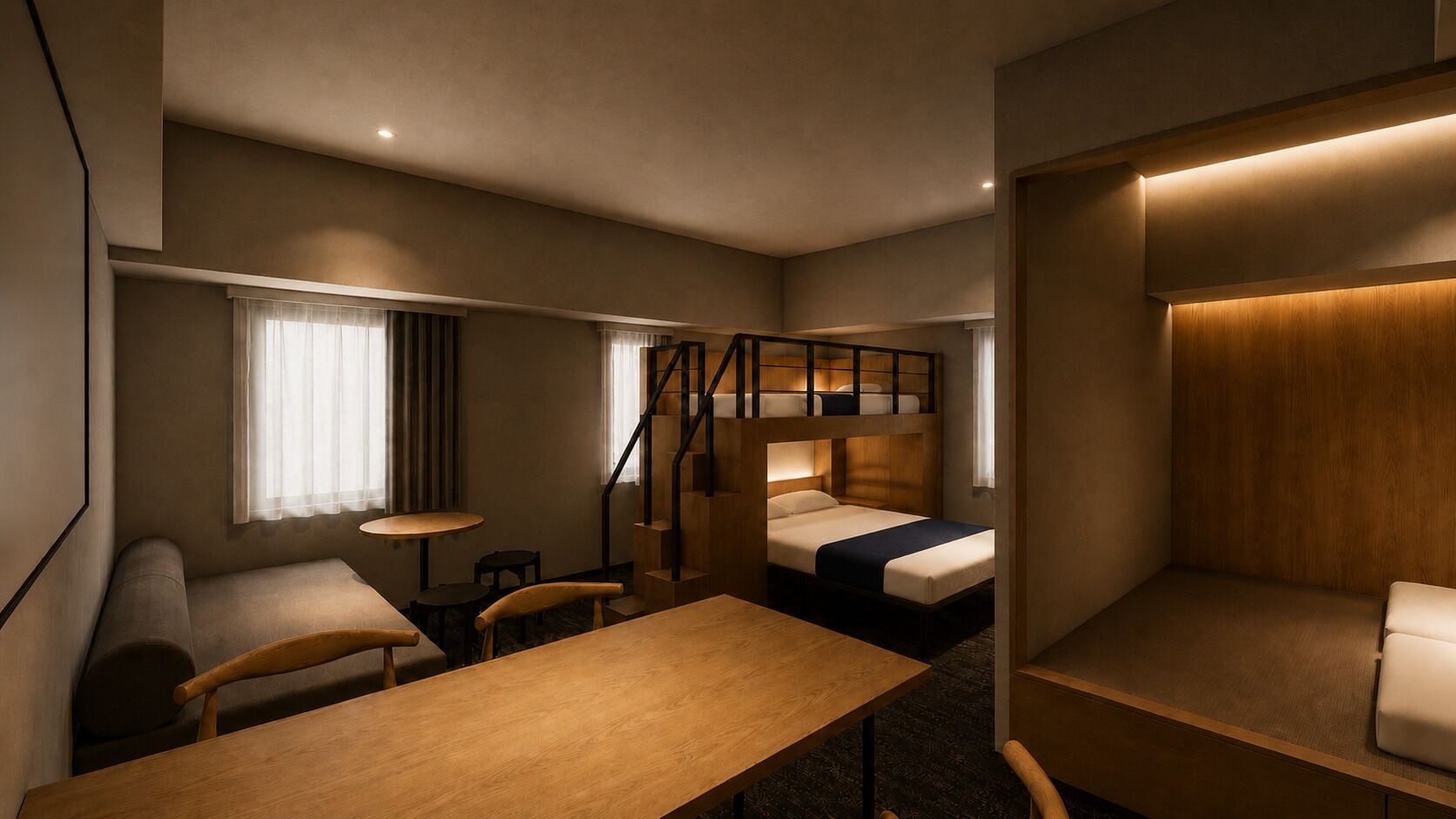 A compact hotel room with a bunk bed, a small desk, a chair, and a table.