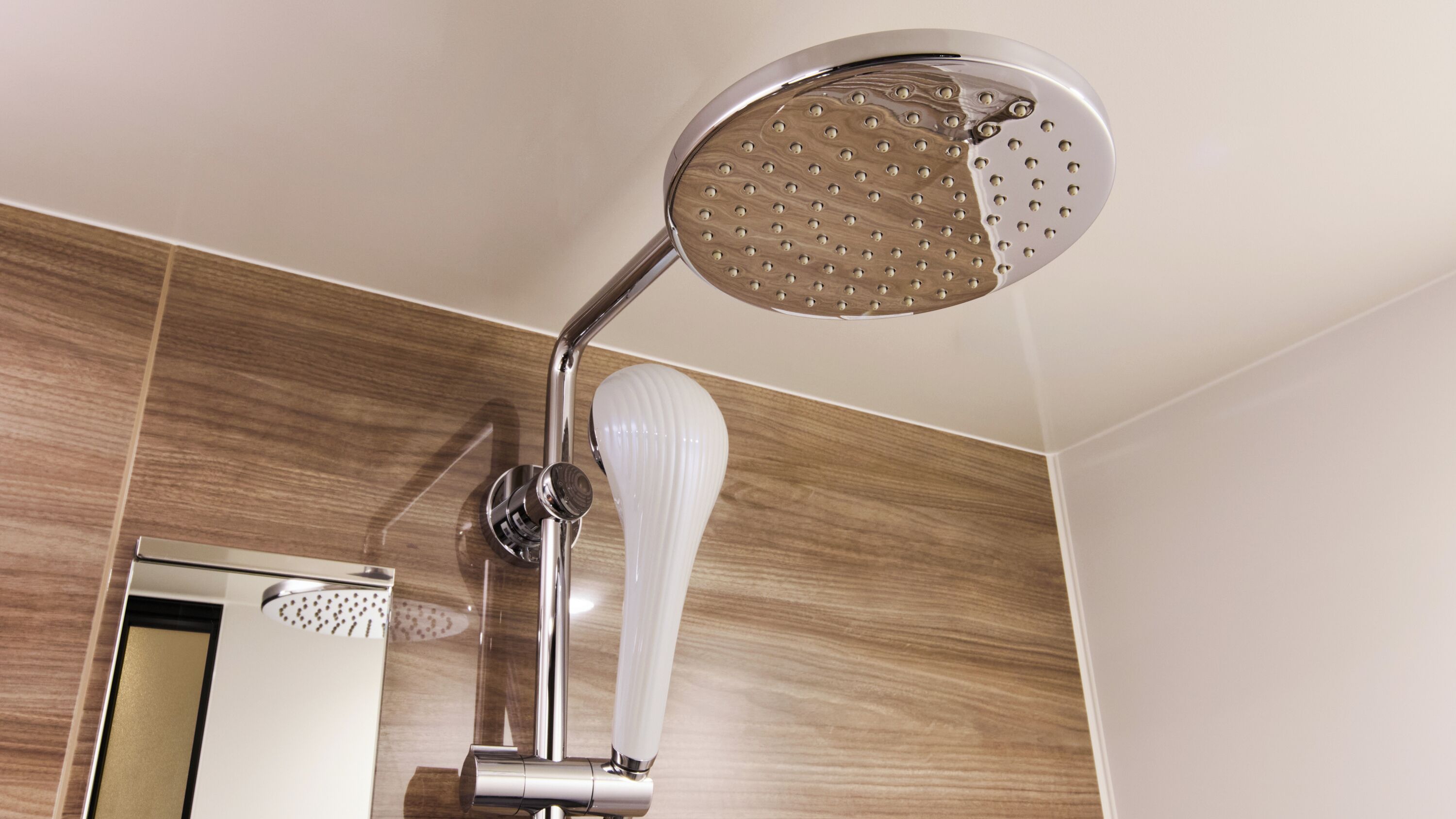 A modern showerhead with a round, perforated design, mounted on a chrome fixture.