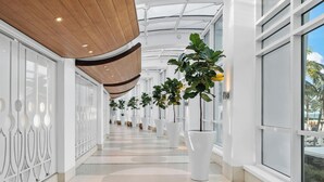 Un pasillo moderno con paredes blancas, ventanas amplias y plantas en macetas.