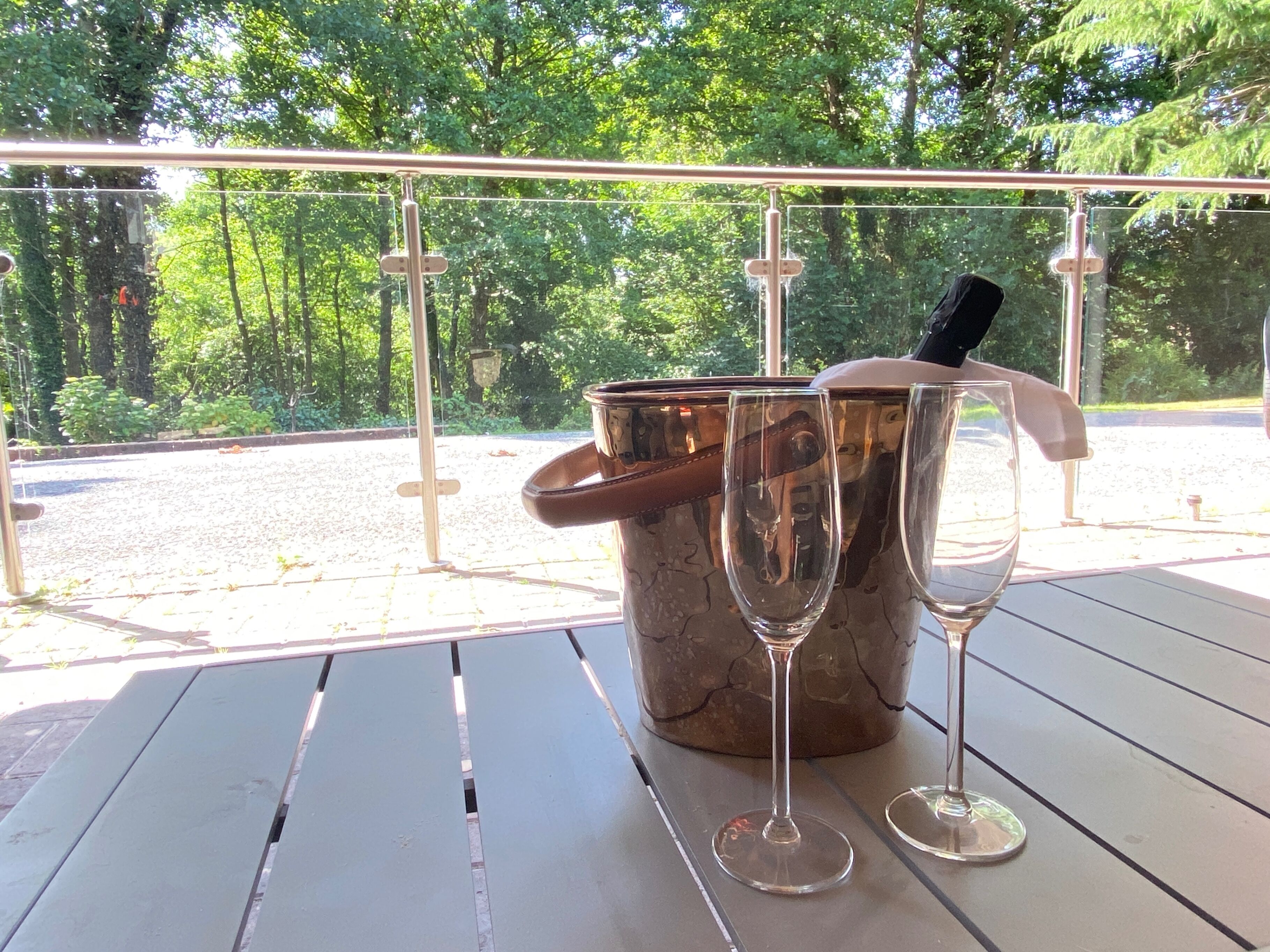 A table with a wine bottle and two wine glasses, set against a backdrop of trees.