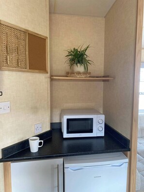 A kitchenette with a microwave, a small refrigerator, a coffee cup, and a potted plant on a shelf.