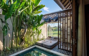 Un espace aménagé au bord de la piscine, avec une terrasse en bois, deux chaises longues et une petite piscine.