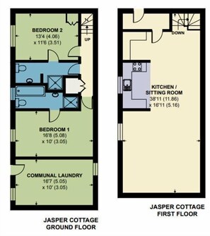Plan de l’étage du premier niveau de la maison Jasper Cottage, comprenant deux chambres, une buanderie commune, une cuisine et un salon.