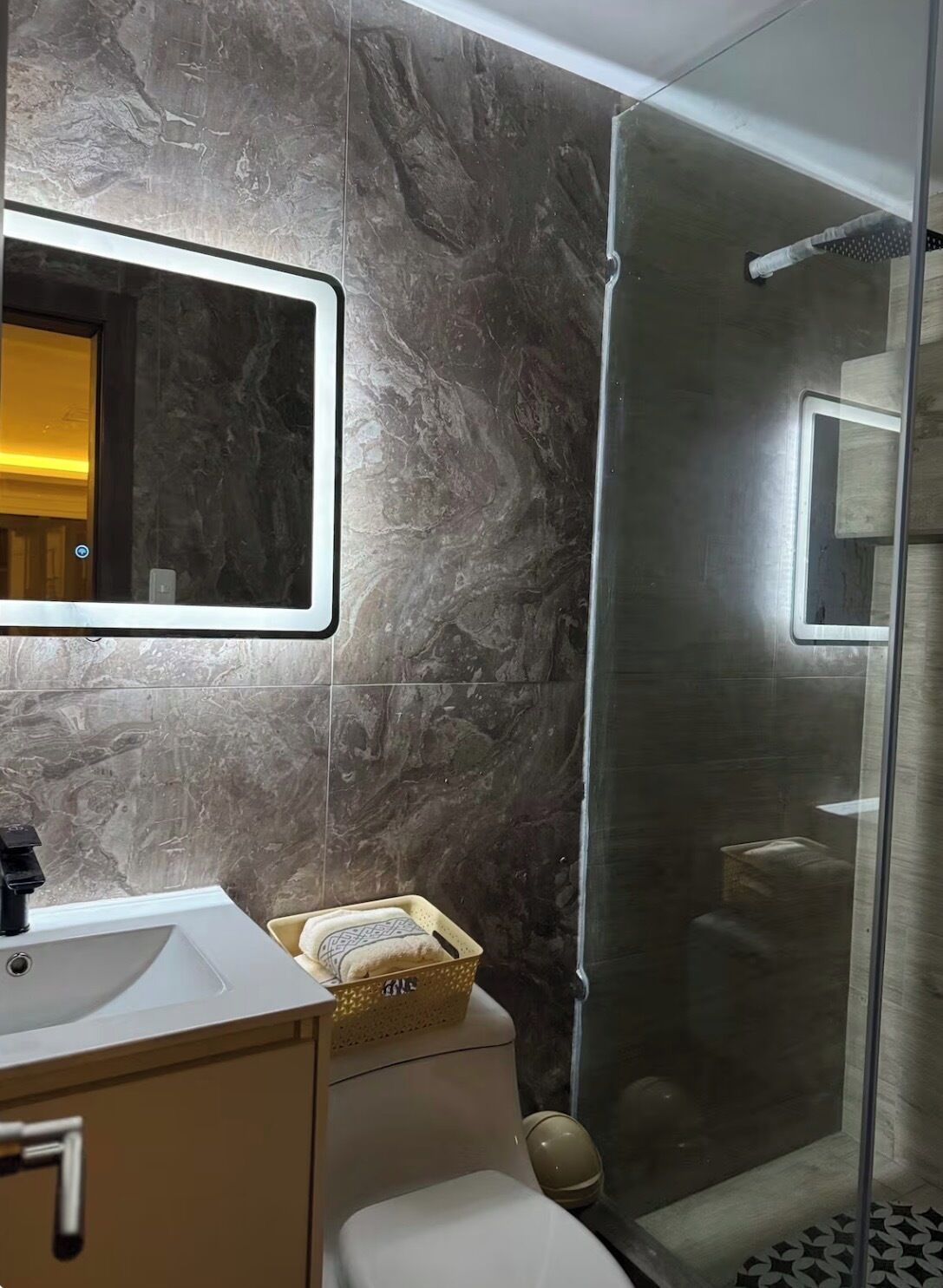 Shower, hair dryer, bidet, towels