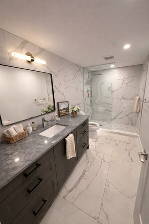 Une salle de bain moderne avec un meuble-lavabo en marbre, une cabine de douche en verre et des toilettes.