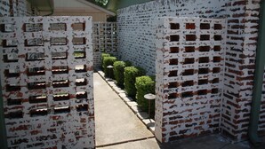 A narrow pathway flanked by white brick walls with multiple rectangular openings, leading to a building with a green roof. - Cozy Court House near Flower Mound and Lewisville (Flower Mound)