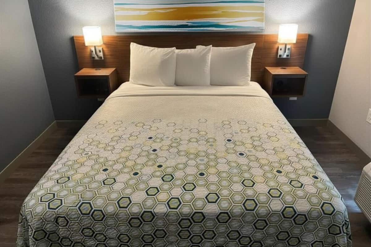 Habitación de hotel con una cama grande, dos mesitas de noche con lámparas, un cabecero y un cuadro en la pared.
