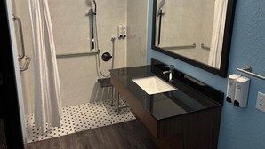A modern bathroom with a shower, a sink, a mirror, and a towel rack. - Hometownestudios Bradenton (Bradenton)