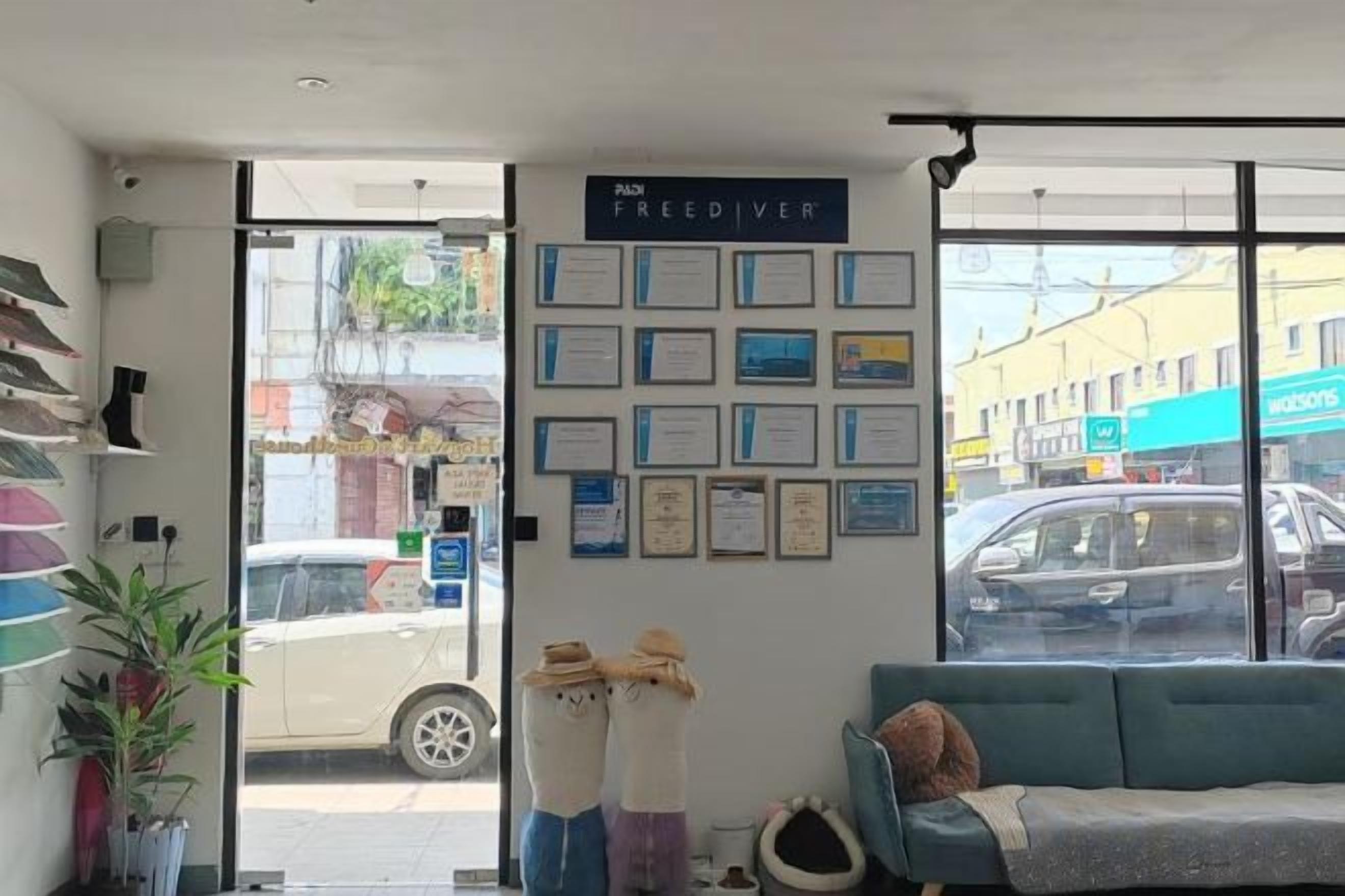 A room with a sofa, a wall with certificates, a door leading outside, and a window with a view of the street.