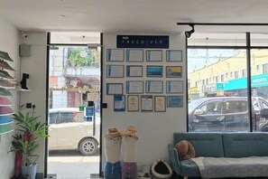 A room with a sofa, a wall with certificates, a door leading outside, and a window with a view of the street.