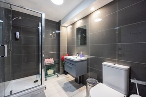 A modern bathroom with a glass shower enclosure, a white toilet, and a vanity with a mirror. - 5 mins from the Station.4Bedrooms Spacious Apartment  with Parking and Garden (London)