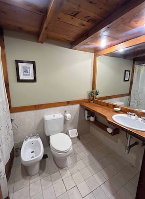 Combined shower/tub, hair dryer, towels, soap