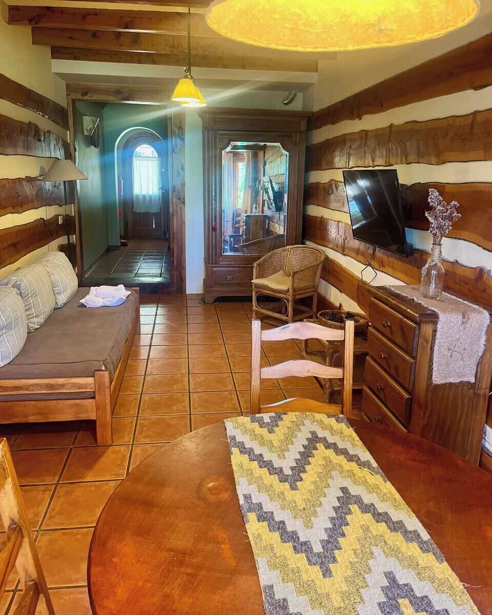 Una habitación acogedora con sofá, una silla, una mesita y televisor.
