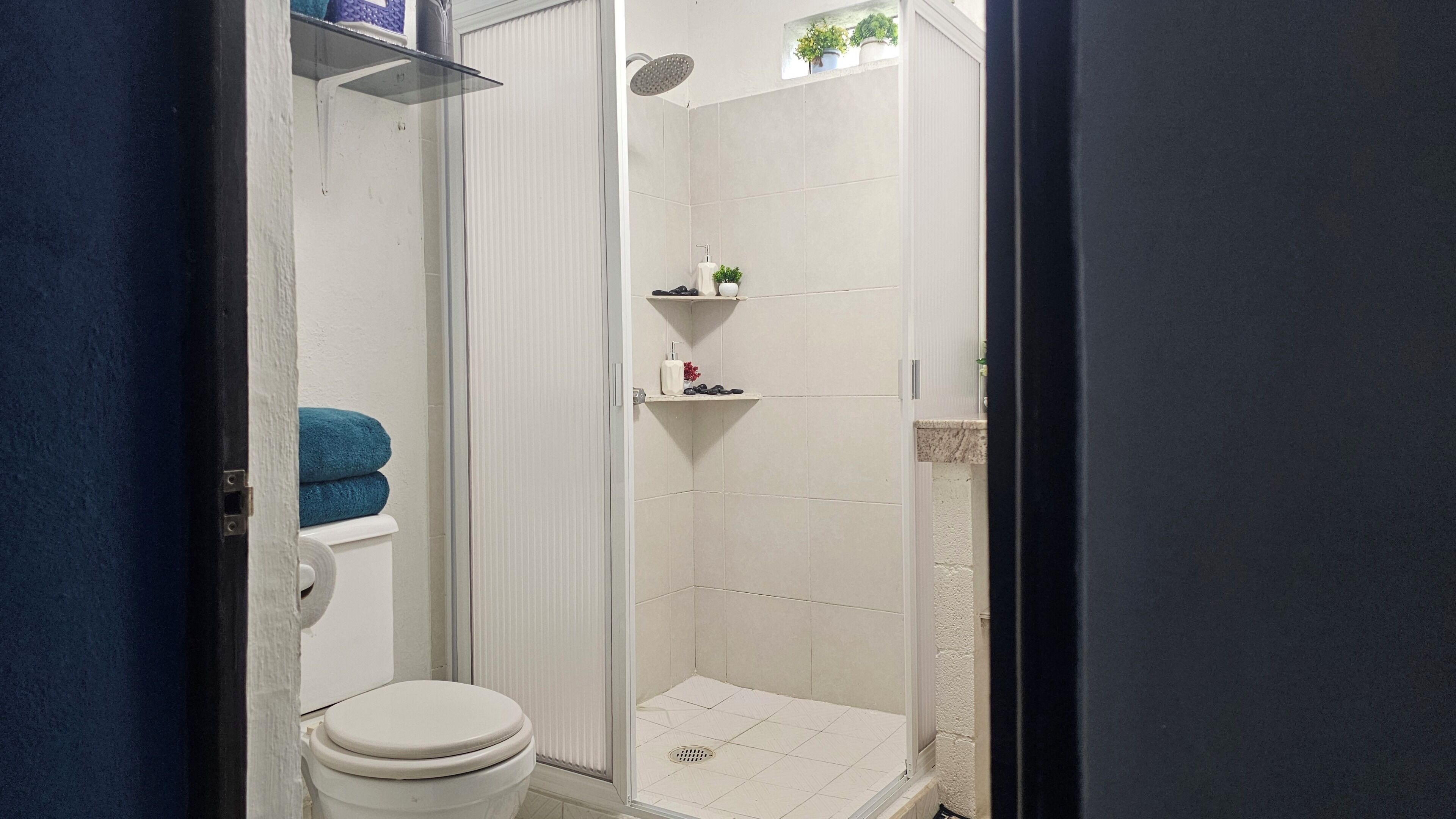 Casa de banho com sanita, cabine de duche e uma pequena prateleira com produtos de higiene pessoal.