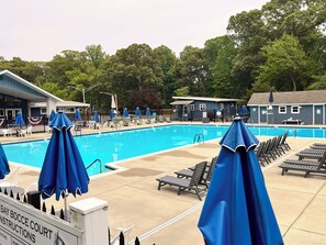 A swimming pool with lounge chairs and umbrellas, surrounded by trees and buildings.
