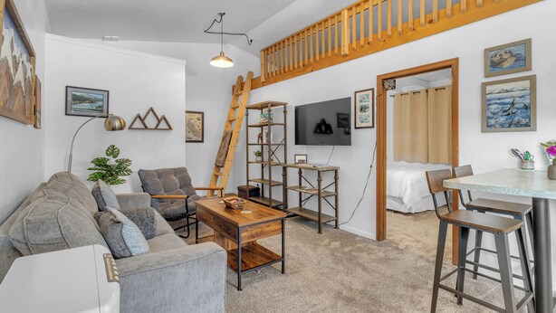 A living room with a sofa, coffee table, TV, and a wooden ladder. - Guesthouse in Mendenhall Valley (Juneau)