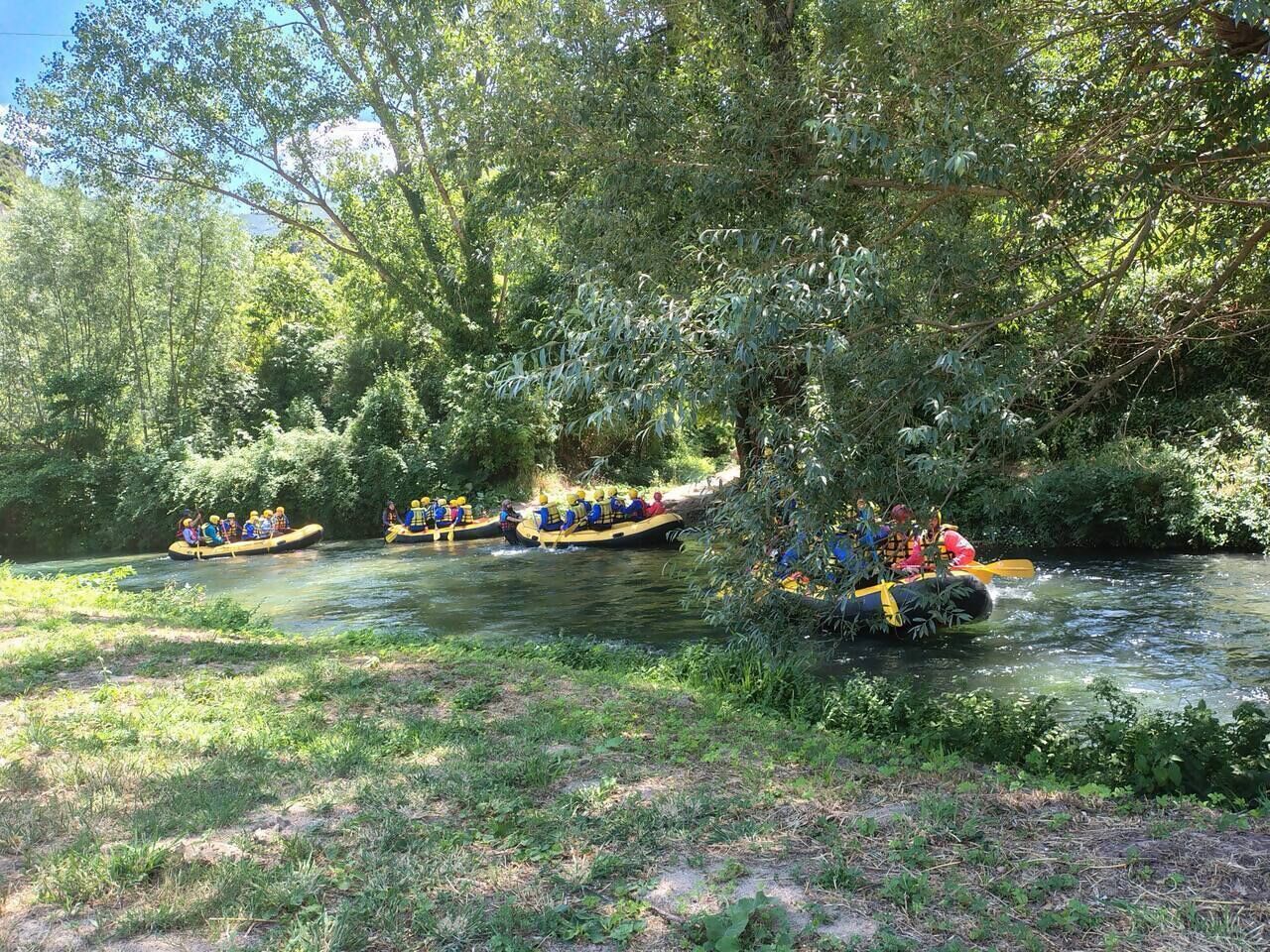 En grupp människor som åker forsränning på en flod omgiven av tät vegetation.