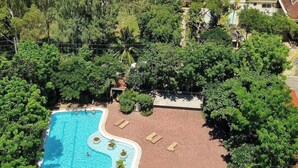 Vue depuis le balcon d’un hôtel doté d’une piscine, d’une végétation luxuriante et offrant une vue sur l’océan.