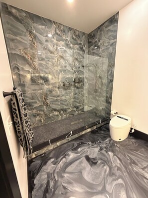 Un baño con pared de mármol, zona de ducha y retrete.