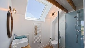 A modern bathroom with a skylight, a glass shower enclosure, and a white toilet. - Balcony Cottage (Varouville)