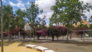 A park with trees, benches, and a paved walkway. - Palacio Congresos - Airport (Sevilla)