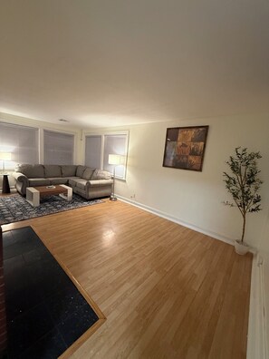 A living room with a sectional sofa, a coffee table, a lamp, a potted plant, and a painting on the wall. - Charming 3-bedroom house in wonderful St. Louis with AC (St. Louis)