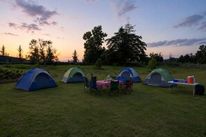 A campsite with three tents, a picnic table with chairs, and a cooler.
