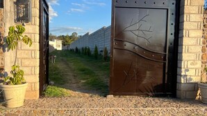 En inhägnad entré med en grind av metall som har ett grenliknande mönster, och som flankeras av murar av sten och planterade blommor i krukor.